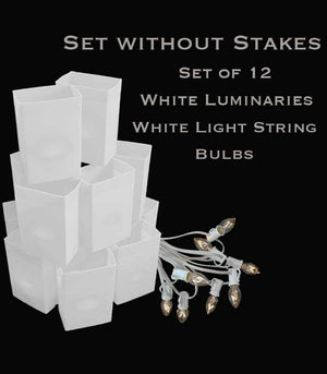 Set of 12 White Luminaries, White Light String with Bulbs, NO Stakes
