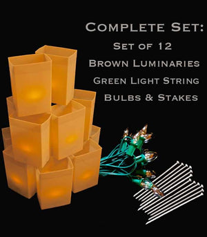 Set of 12 Brown Luminaries, Green Light String with Bulbs, Stakes