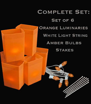 Set of 6 Orange Luminaries, White Light String, Amber Bulbs & Stakes