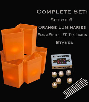 Set of 6 Orange Luminaries, Warm White LED Tea Lights & Stakes