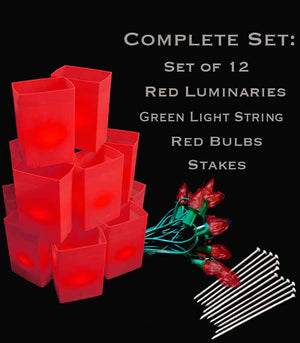 Set of 12 Red Luminaries, Green Light String, Red/Green Bulbs & Stakes