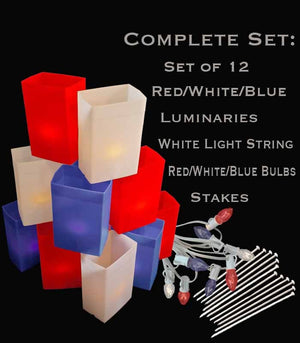 Set of 12 Patriotic Luminaries, white light string with R/W/B bulbs, stakes