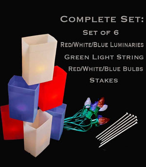 Set of 6 Patriotic Luminaries, green light string with red/white/blue bulbs, stakes