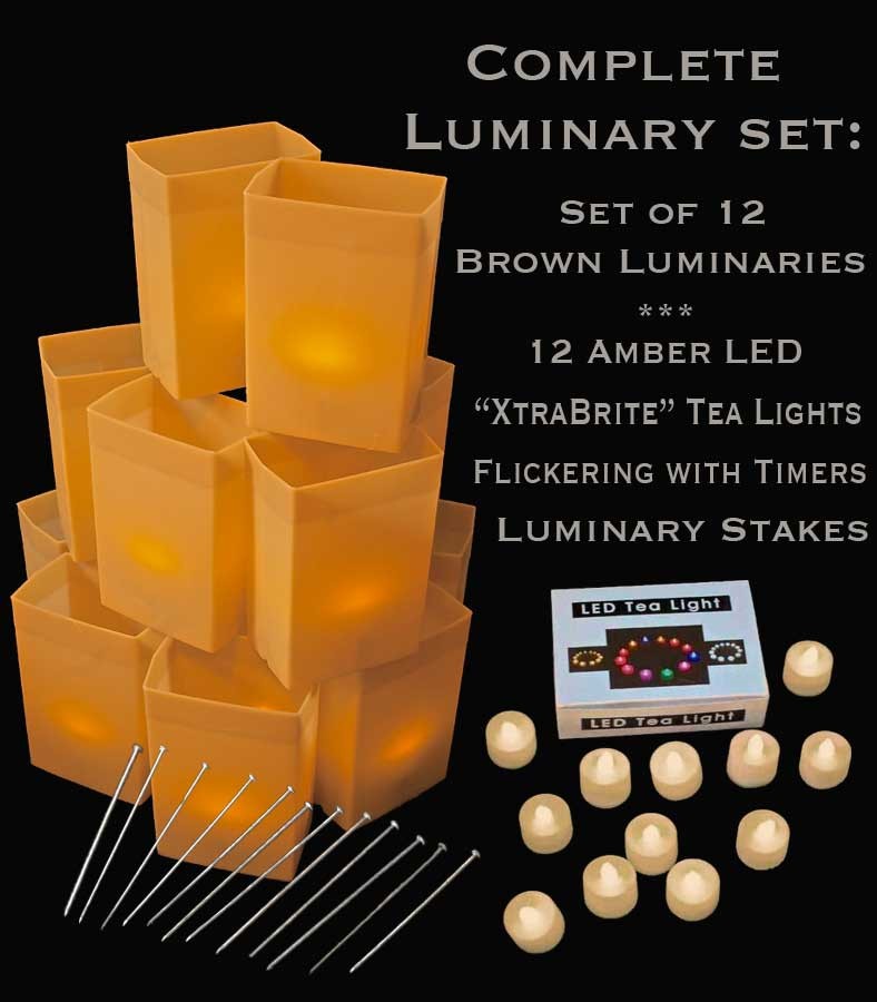Set of 12 Brown Luminaries, "XtraBrite" Amber LED Tea Lights w/ Timers & Stakes
