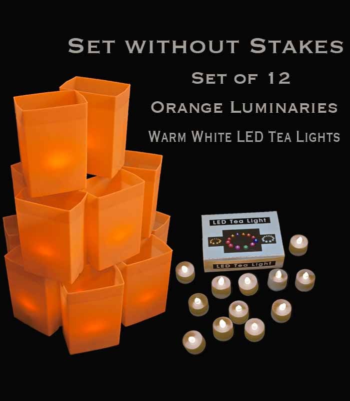 Set of 12 Orange Luminaries, Warm White Tea Lights, No Stakes