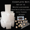 Set of 12 White Luminaries, Warm White LED Tea Lights with Timers, Stakes