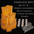 Set of 12 Brown Luminaries, White Candles & Holders, Stakes