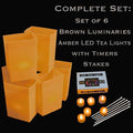 Set of 6 Brown Luminaries, Amber LED Tea Lights with Timers, Stakes