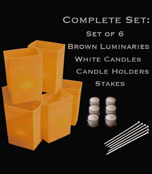 Set of 6 Brown Luminaries, White Candles, Holders & Stakes