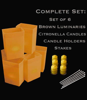 Set of 6 Brown Luminaries, Citronella Candles, Holders & Stakes