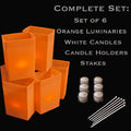 Set of 6 Orange Luminaries, White Candles, Holders & Stakes