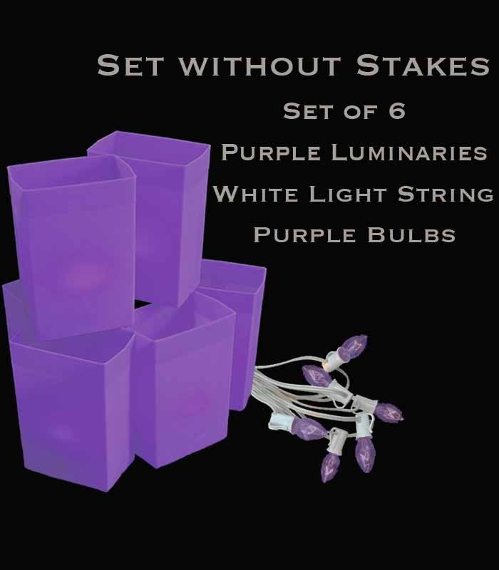 Set of 6 Purple Luminaries, White Light String, Purple Bulbs