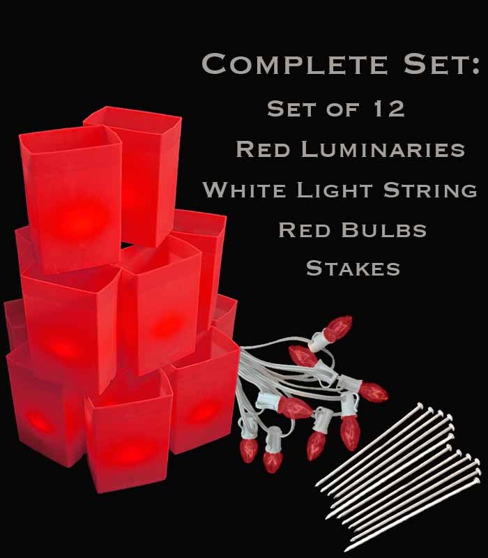 Set of 12 Red Luminaries, White Light String, Red/Green Bulbs & Stakes