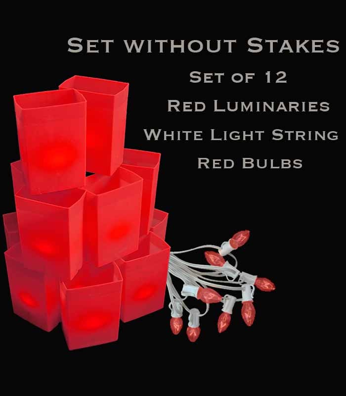 Set of 12 Red Luminaries, White Light String, Red/Green Bulbs, No Stakes