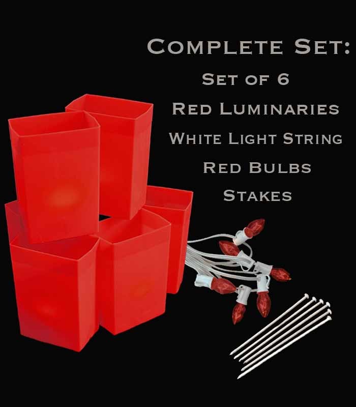 Set of 6 Red Luminaries, White Light String, Red Bulbs, Stakes