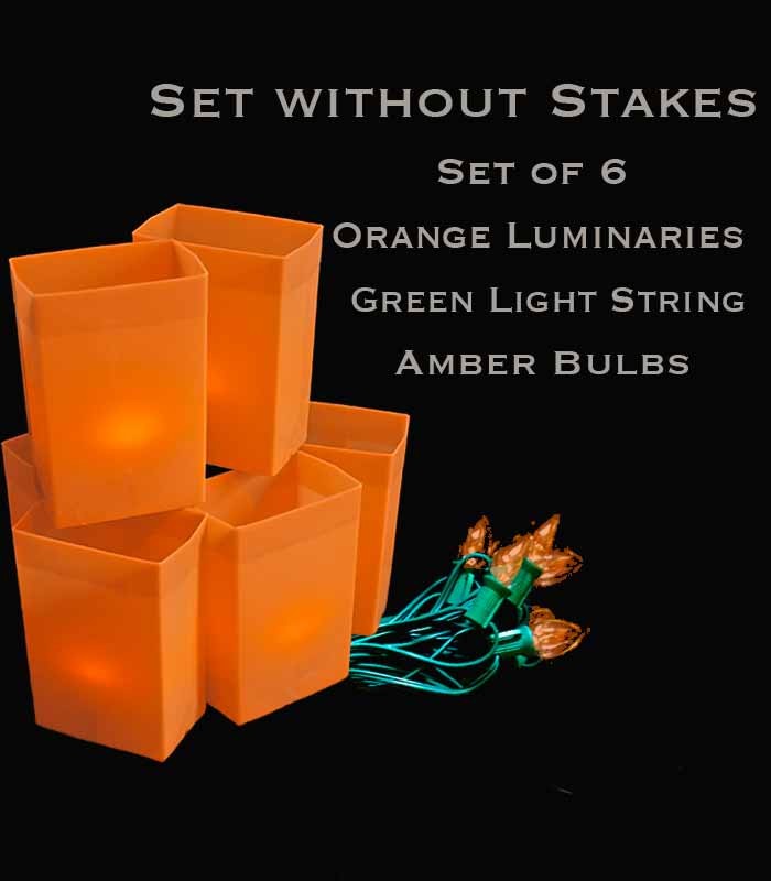Set of 6 Orange Luminaries, Green Light String with Amber Bulbs, No Stakes