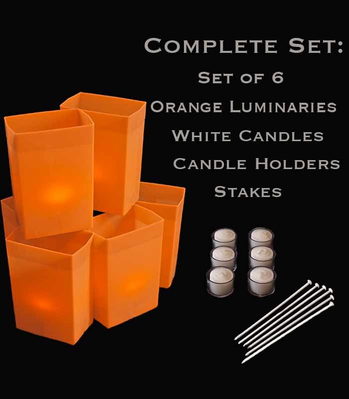 Set of 6 Orange Luminaries, White Candles & Holders, Stakes