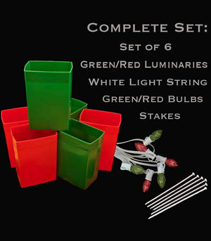 Set of 6 Red/Green Luminaries, white light string with red/green bulbs, stakes