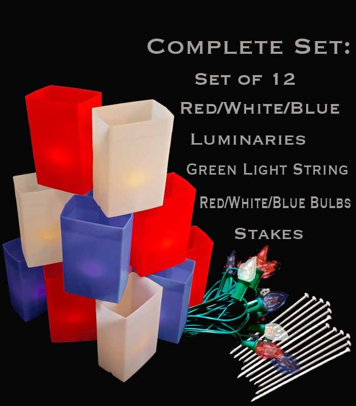 Set of 12 Patriotic Luminaries, green light string with R/W/B bulbs, stakes