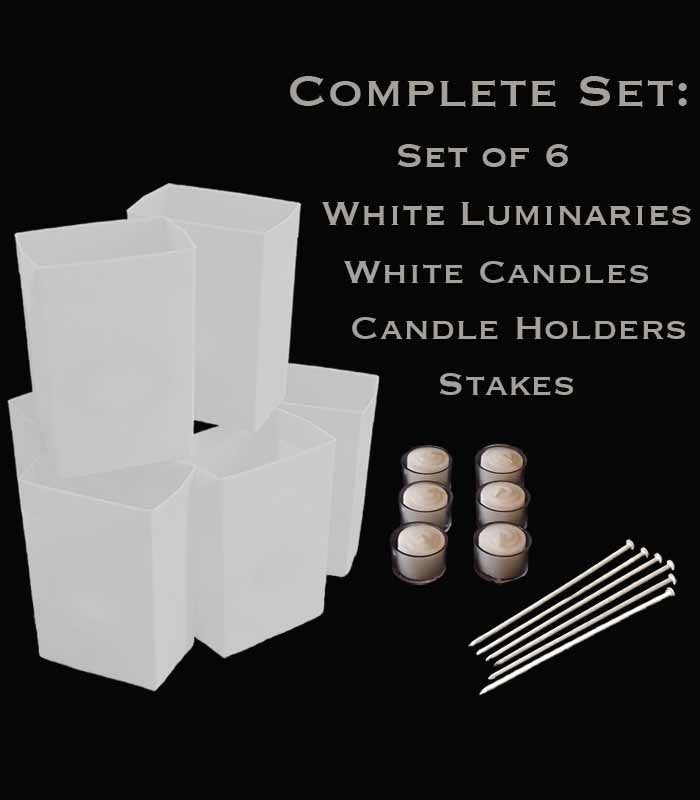 Set of 6 White Luminaries, white candles & holders, stakes