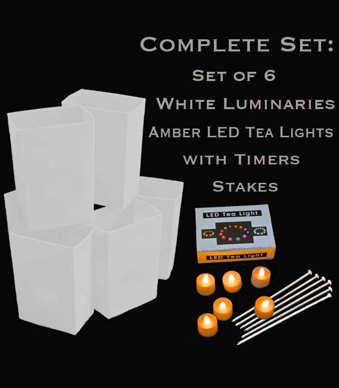 Set of 6 White Luminaries, amber LED tea lights with timers, stakes