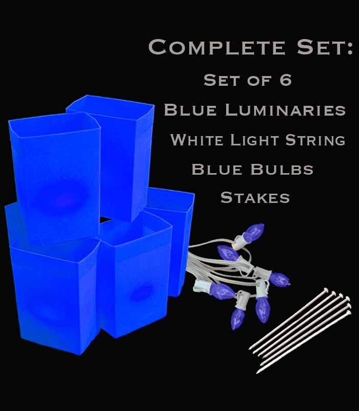 Set of 6 Blue Luminaries, white light strings with blue bulbs, stakes