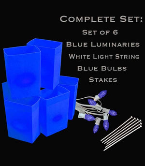 Set of 6 Blue Luminaries, White Light String, Bulbs & Stakes