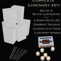 Set of 6 White Luminaries, "XtraBrite" Warm White LED Tea Lights w/ Timers & Stakes