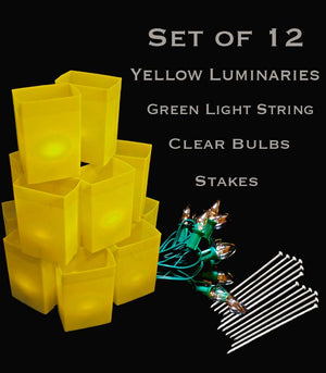 Set of 12 Yellow Luminaries, Green Light String with Bulbs, Stakes