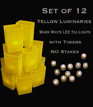 Set of 12 Yellow Luminaries, Warm White LED Tea Lights with Timers, No Stakes