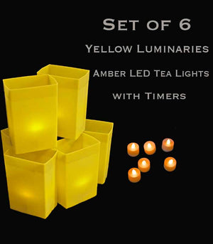 Set of 6 Yellow Luminaries, Amber LED Tea Lights with Timers, No Stakes