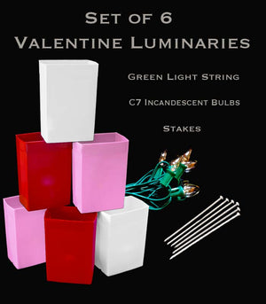 Set of 6 Valentine Luminaries, Green Light String and Bulbs, Stakes