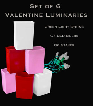 Set of 6 Valentine Luminaries, Green Light String and LED Bulbs, No Stakes