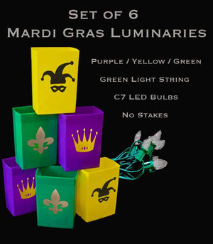 Mardi Gras Set of 6, Green Light String with LED Bulbs, No Stakes