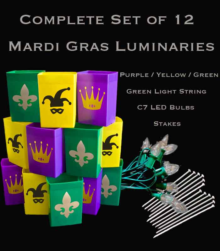 Complete Mardi Gras Set of 12, Green Light String with LED Bulbs, Stakes