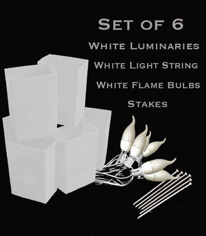 Set of 6 White Luminaries, white light string with flame bulbs, stakes