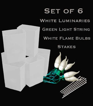 Set of 6 White Luminaries, green light string with flame bulbs, stakes