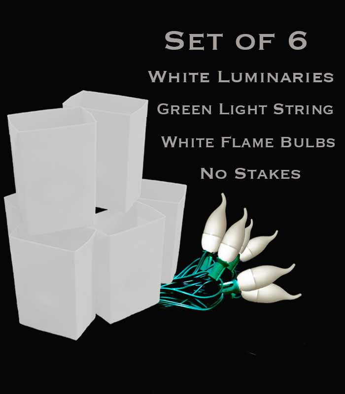 Set of 6 White Luminaries, green light string with flame bulbs, no stakes