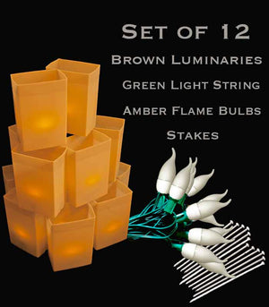 Set of 12 Brown Luminaries, green light string with flame bulbs, stakes
