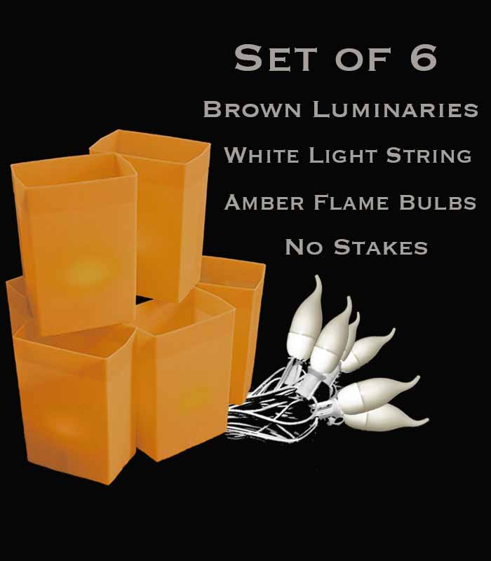 Set of 6 Brown Luminaries, white light string with flame bulbs, no stakes