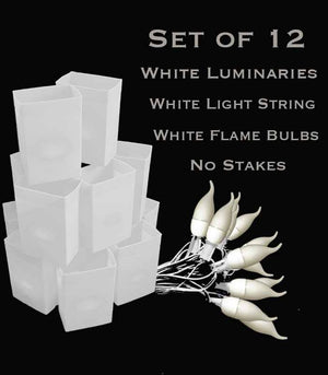 Set of 12 White FLAMING Luminaries, white light strings with flame bulbs, no stakes