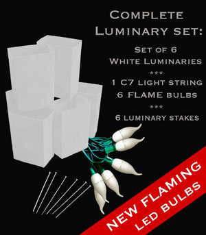 Set of 6 White Luminaries, Green Light String, White FLAME LED Bulbs & Stakes