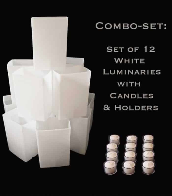 Combo Set: 12 Wedding Luminarias with Candles & Candle Holders